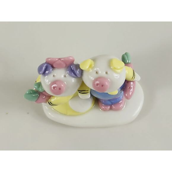 Mini Pig Piglet Piggy Cute Couple w/ Carrots 1 1/2" Pottery Figurine 90s Vintage - Picture 11 of 13